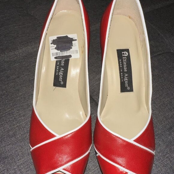 Etienne Aigner Red/White Peep Toe Slip On Thick Block Heel Leather Size 8.5 M - Picture 2 of 16